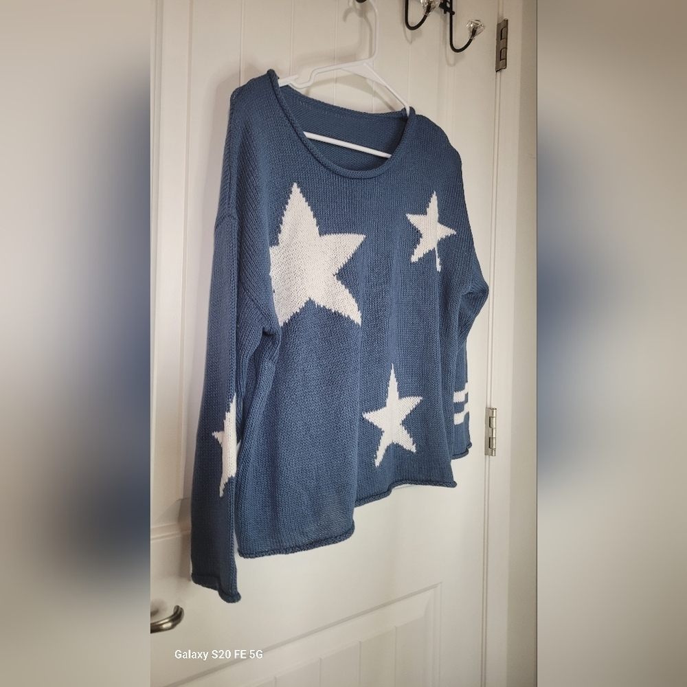 Star Patterned Blue Sweater PTP 23" but stretches more.